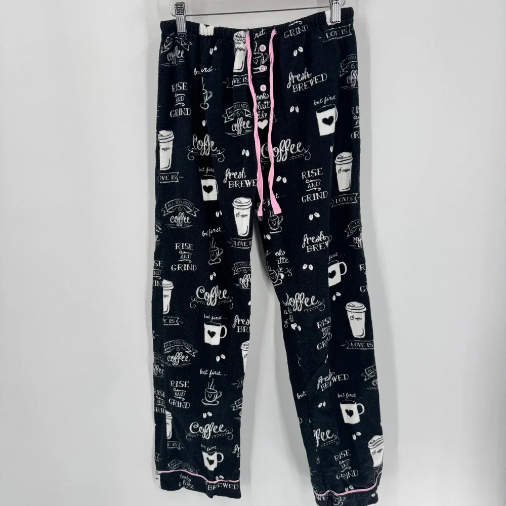 PJ Salvage Pajama Set Women S Black Coffee Print Flannel Button Front Pants - Picture 8 of 12